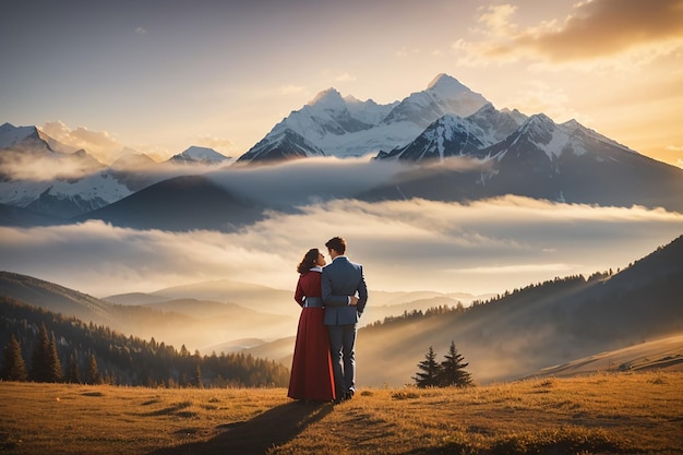 夕方の光で山と霧を背景にしたカップル