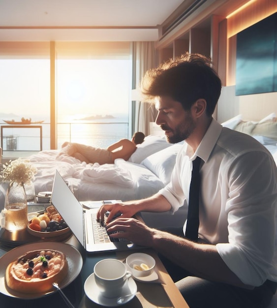 couple in expensive hotel resort room remote working and waking up having breakfast morning sunrise