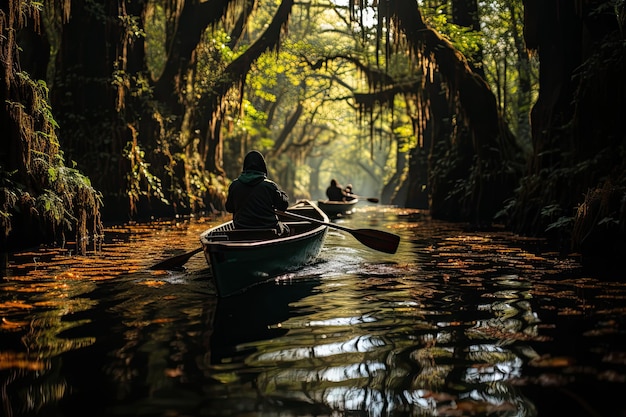 写真 曲がりくねった木々と静かな水の間のカヌー マングローブを探検するカップル