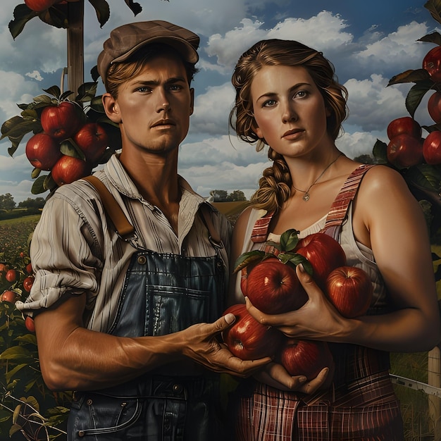 Couple of farmers harvesting apples in old poster style