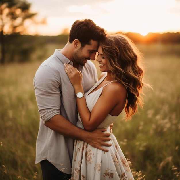 Photo a couple in a field of flowers with the sun setting behind them