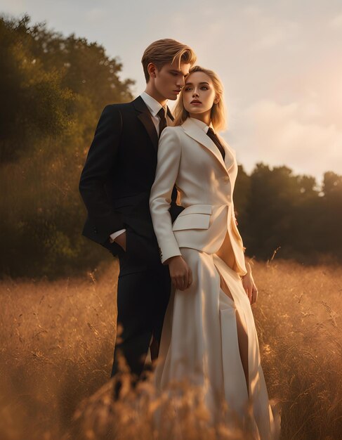 a couple in a field of golden grass with the sun behind them