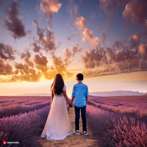 a couple in a field of lavender and a sunset