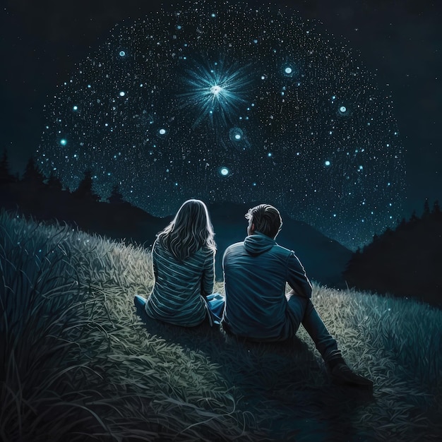 Foto coppia in campo stella guardando il cielo notturno creato utilizzando la tecnologia ai generativa