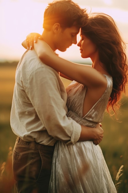 A couple in a field with a sunset in the background