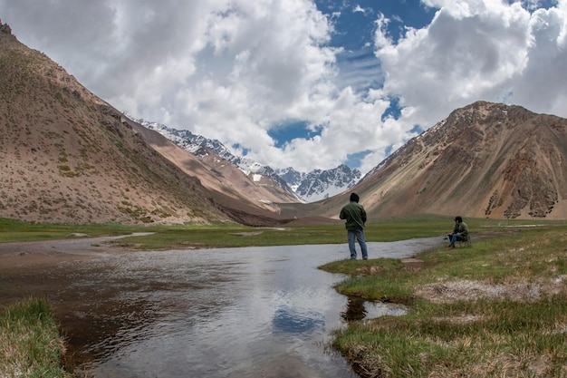 Couple fishing in the Andes mountains