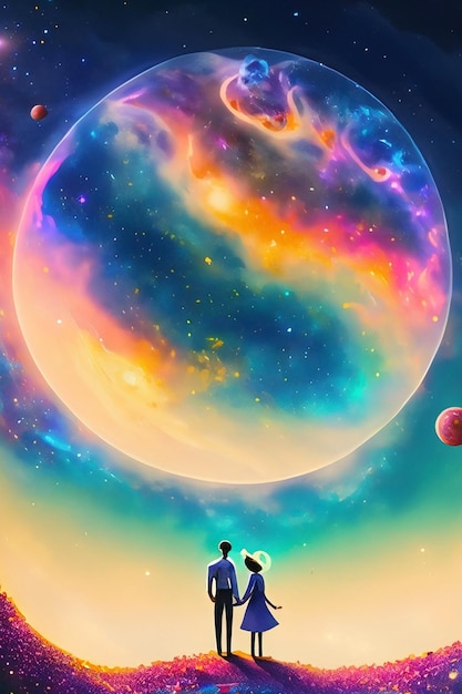 Photo a couple floating hand in hand amidst a breathtaking cosmic landscape