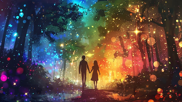 a couple in the forest with the light behind them