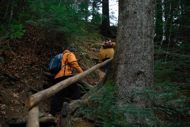 Couple friends hiking by forest mountains