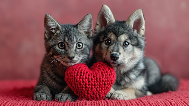 couple of friends a striped cat and dog puppy are lying with knitted red hearts