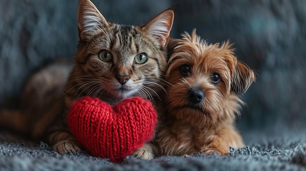 couple of friends a striped cat and dog puppy are lying with knitted red hearts