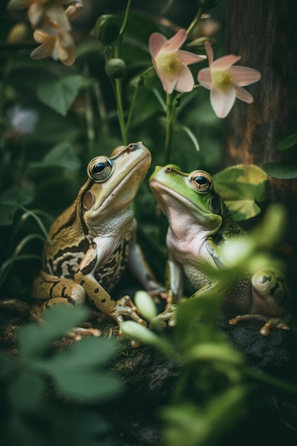 A couple of frogs sitting next to each other Generative AI image