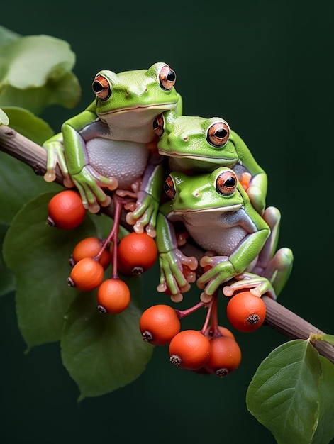 a couple of frogs sitting on top of a tree branch