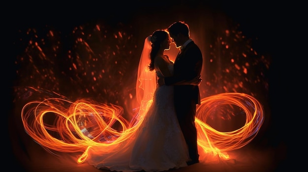 A couple in front of a fire background