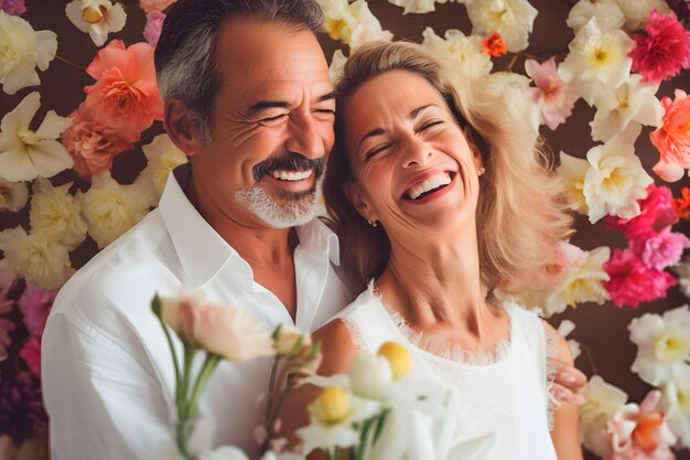 A couple in front of flowers with the word love on the front