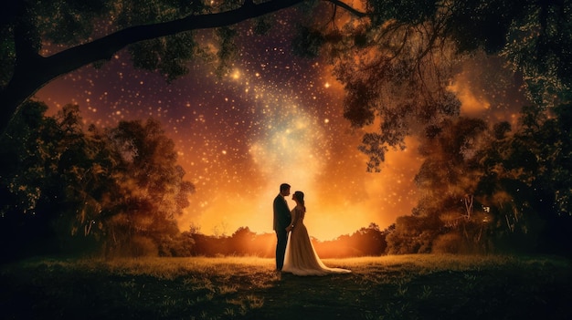 A couple in front of a night sky with stars