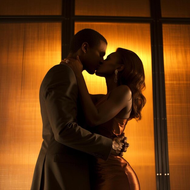 a couple in front of a window with the sun behind them