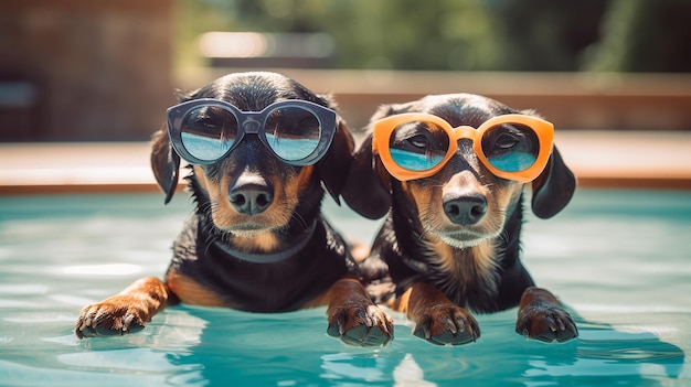 休暇のリラクゼーションの静けさのコンセプトのプールのそばにサングラスをかけた面白い犬のカップル 生成 AI