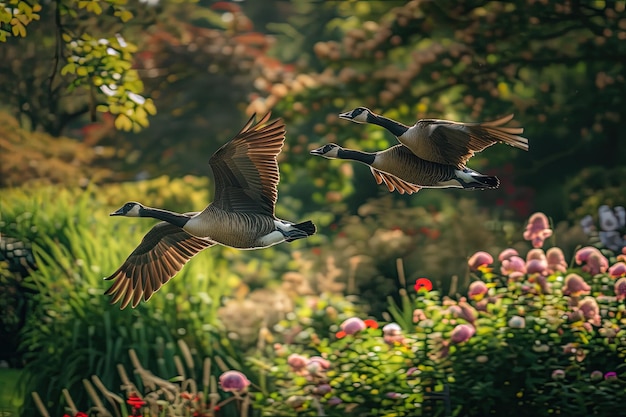 Photo a couple of geese flying over a lush green field