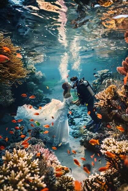 산호초 에 둘러싸인 스쿠버 장비 를 입고 물  에서 결혼 하는 부부