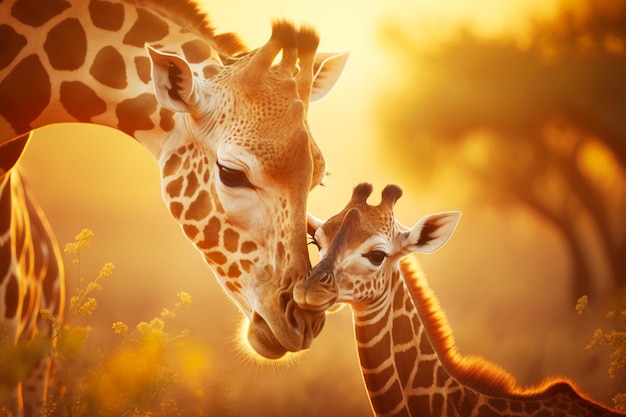 Couple of giraffe standing next to each other on field Generative AI