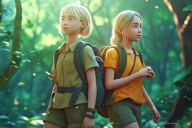 Couple of girl and boy in the forest 3d rendering