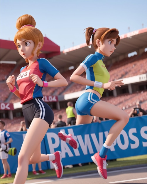 a couple of girls running in a stadium with the word x on the front