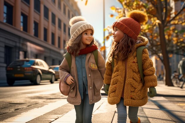 a couple of girls walking through the city amigurumi Generated AI