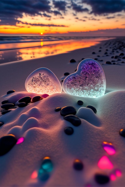 Couple of glass hearts sitting on top of a sandy beach generative ai