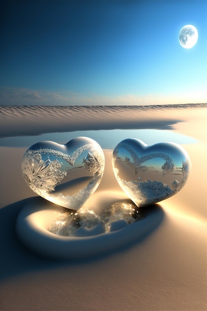 Couple of glass hearts sitting on top of a sandy beach generative ai