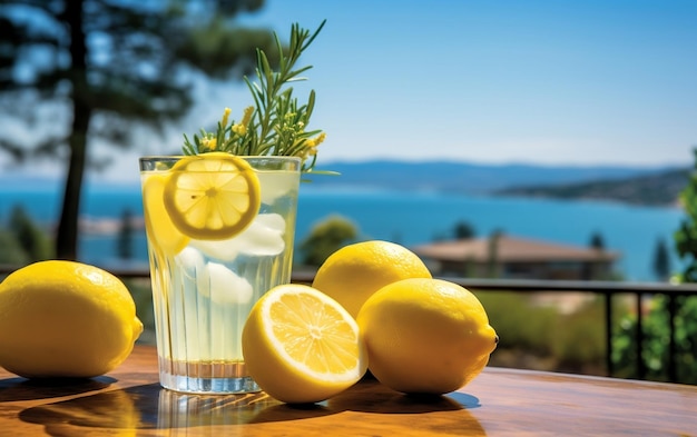 A couple of glasses of lemonade sitting on top of a table AI