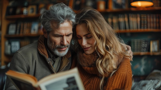 A couple going through old photo albums sharing memories