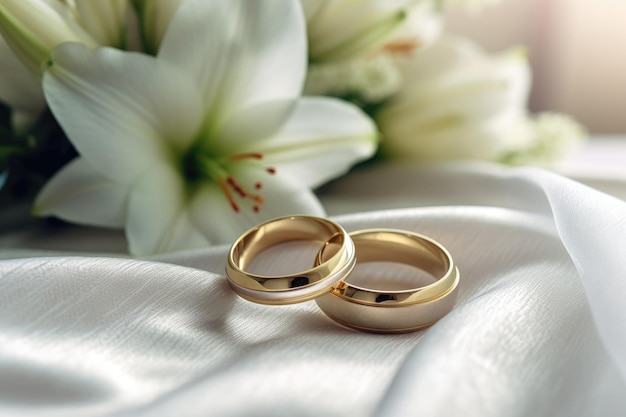 A couple of gold rings sit on a white satin ribbon with a bouquet of whote flowers