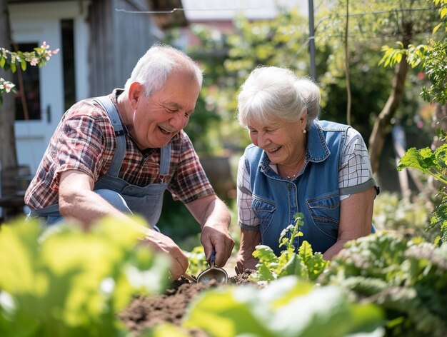 Couple of grandparents doing gardening