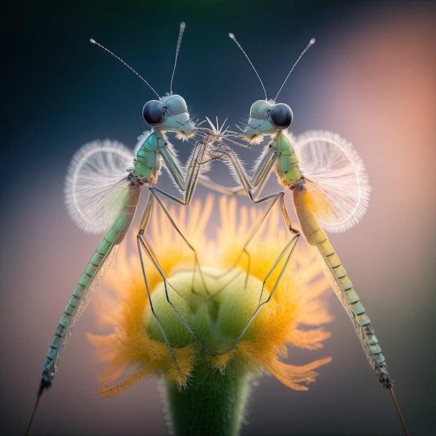 Photo a couple of grasshoppers are on a flower with a blurry background.