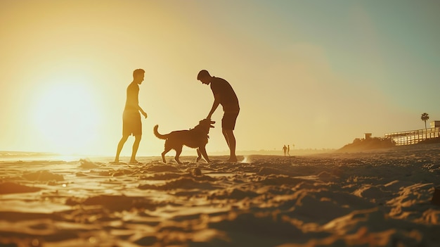 Couple of guys playing with their dog on the beach Generative AI