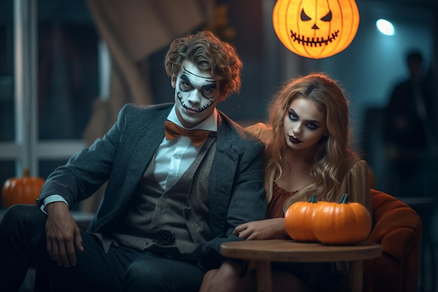 A couple in halloween costumes sit at a table in front of a pumpkin sign that says'halloween '