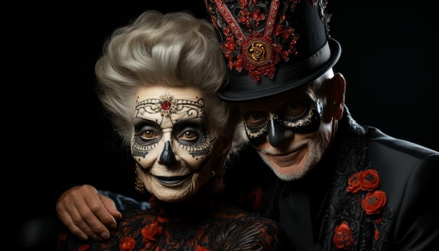 Пара в масках Хэллоуина на фестивале страха в карнавальном макияже влюбленные мужчина и женщина
