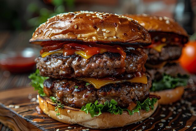 A couple of hamburgers sitting on top of a wooden table