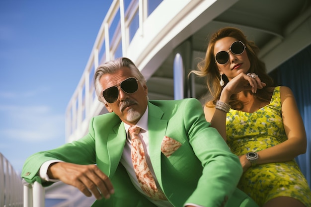 a couple of handsome wealthy people enjoy themselves on the deck of the luxury shippng