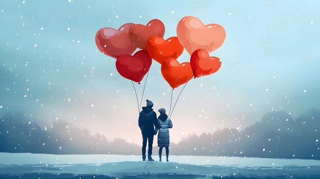A couple happily holding heart balloons under the azure sky