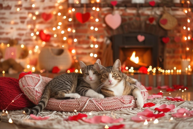 A couple of happy kittens cats together in a cozy room pragma