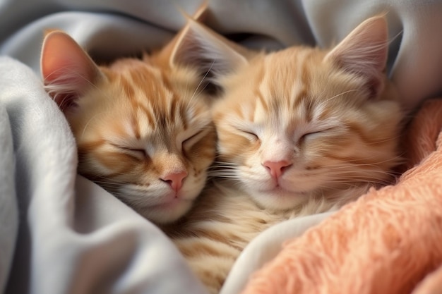 Couple happy kittens sleep relax together