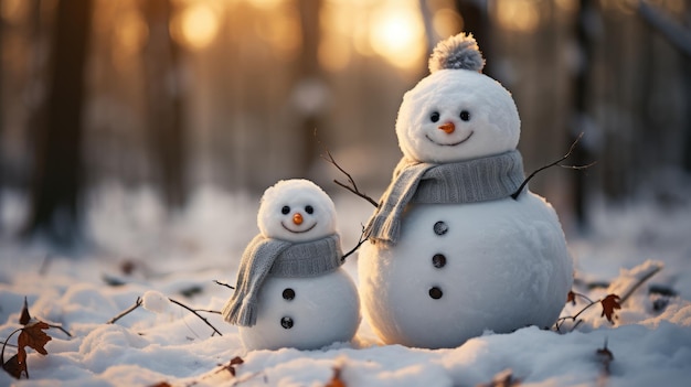 Couple happy snowman standing in winter christmas landscape