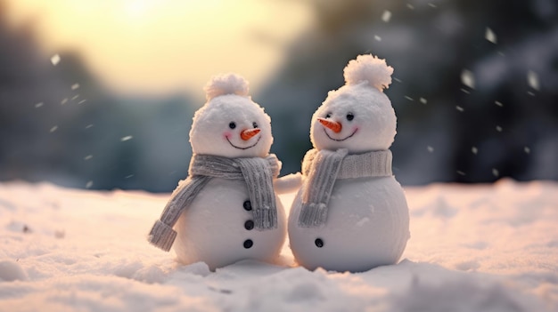 Couple happy snowman standing in winter christmas landscape