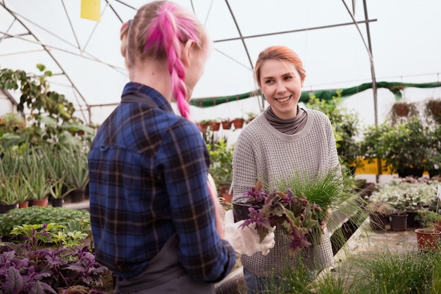 ガーデンモールの温室で植物を選ぶ幸せな女性のカップル