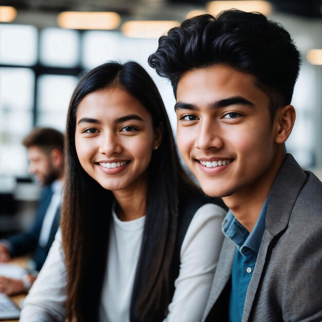 Foto coppia di giovani adolescenti felici nell'intelligenza artificiale generativa dello spazio ufficio lavorativo