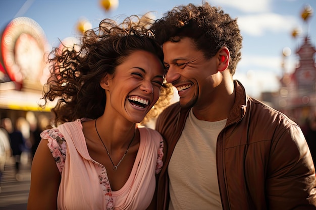 Couple has fun in amusement park sharing laughs and emotions in roller coaster generative IA