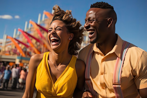 Couple has fun in amusement park sharing laughs and emotions in roller coaster generative IA