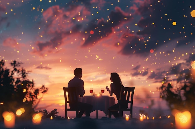 写真 星空の下でロマンチックな夕食を楽しむカップル